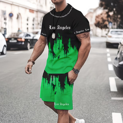 👕 50% הנחה לזמן מוגבל! 🩳 סט חולצת טי ומכנסיים קצרים עם הדפס גרפי לגברים – תואם, רך, מותן מתכוונן 🌴