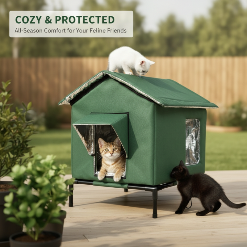 🔥Time-Limited Special💥All-Weather Elevated Outdoor Cat House – Waterproof Oxford Cloth, Thermal Aluminum Lining & Foldable Design 🌧️
