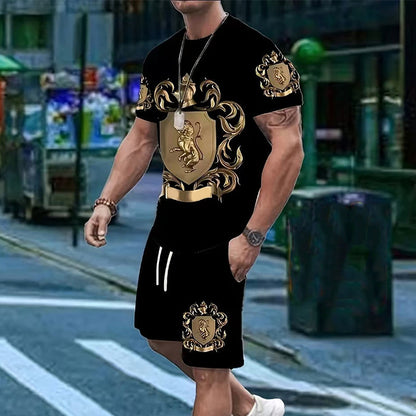 🖤👕🩳סט חולצת טי ומכנסיים קצרים לגברים עם סמל זהב✨ – הדפס יוקרתי, נוחות נושמת וסגנון קיץ מיידי