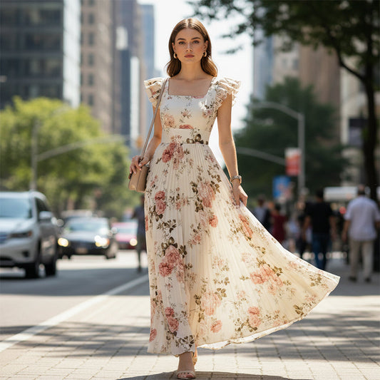 🌸הגעה חדשה לשנת 2026🌸 👗 שמלת מקסי אלגנטית עם קפלים והדפס פרחוני ✨ – צווארון מרובע רומנטי, שרוולים מקושטים וחצאית פרחונית זורמת🌷