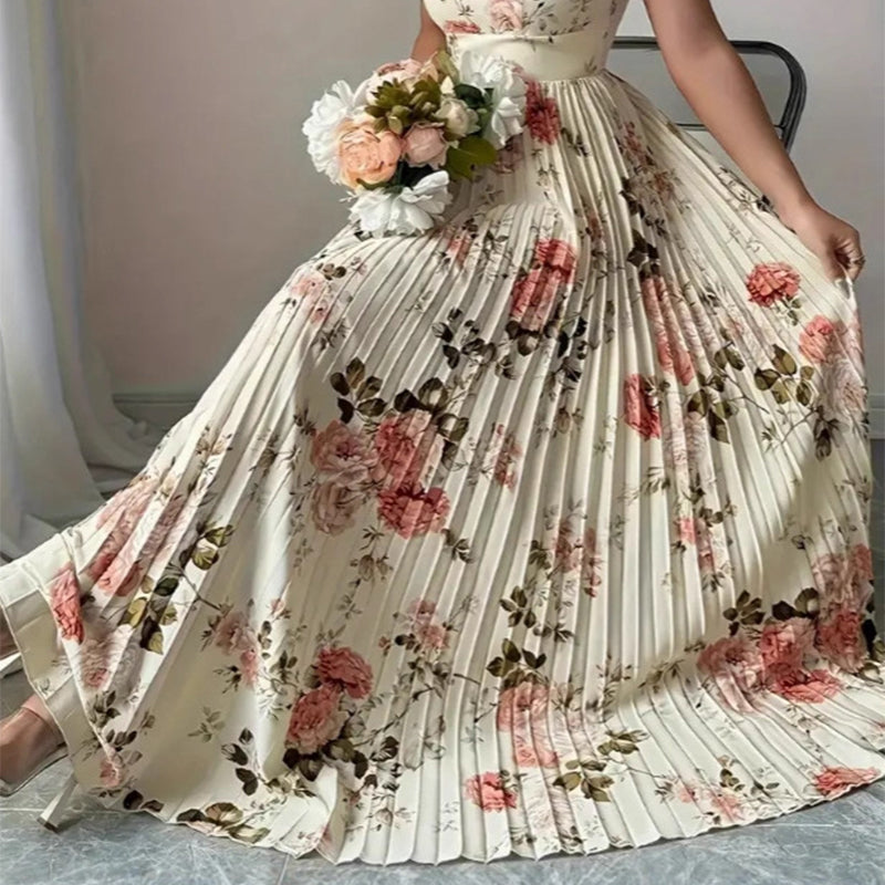 🌸הגעה חדשה לשנת 2026🌸 👗 שמלת מקסי אלגנטית עם קפלים והדפס פרחוני ✨ – צווארון מרובע רומנטי, שרוולים מקושטים וחצאית פרחונית זורמת🌷