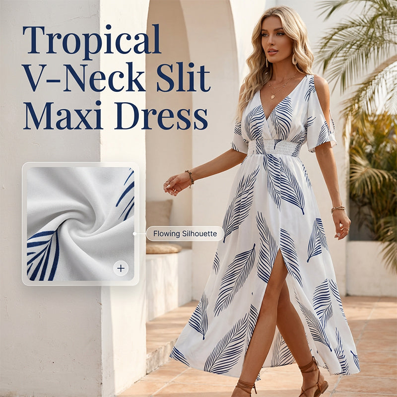 🌺 שמלת מקסי טרופית עם כתפיים חשופות וחריץ 👗✨