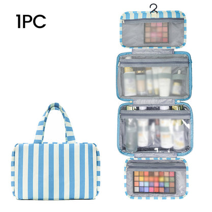 🧳✨ תיק תלייה מפוספס לטיולים | 4 תאים שקופים | עמיד במים ומתקפל 🚿💧