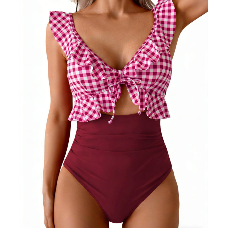 👙 בגד ים שלם לנשים | מחשוף V אלגנטי עם קפלים ✨ | גזרה גבוהה מחטבת | 8 צבעים 🌸