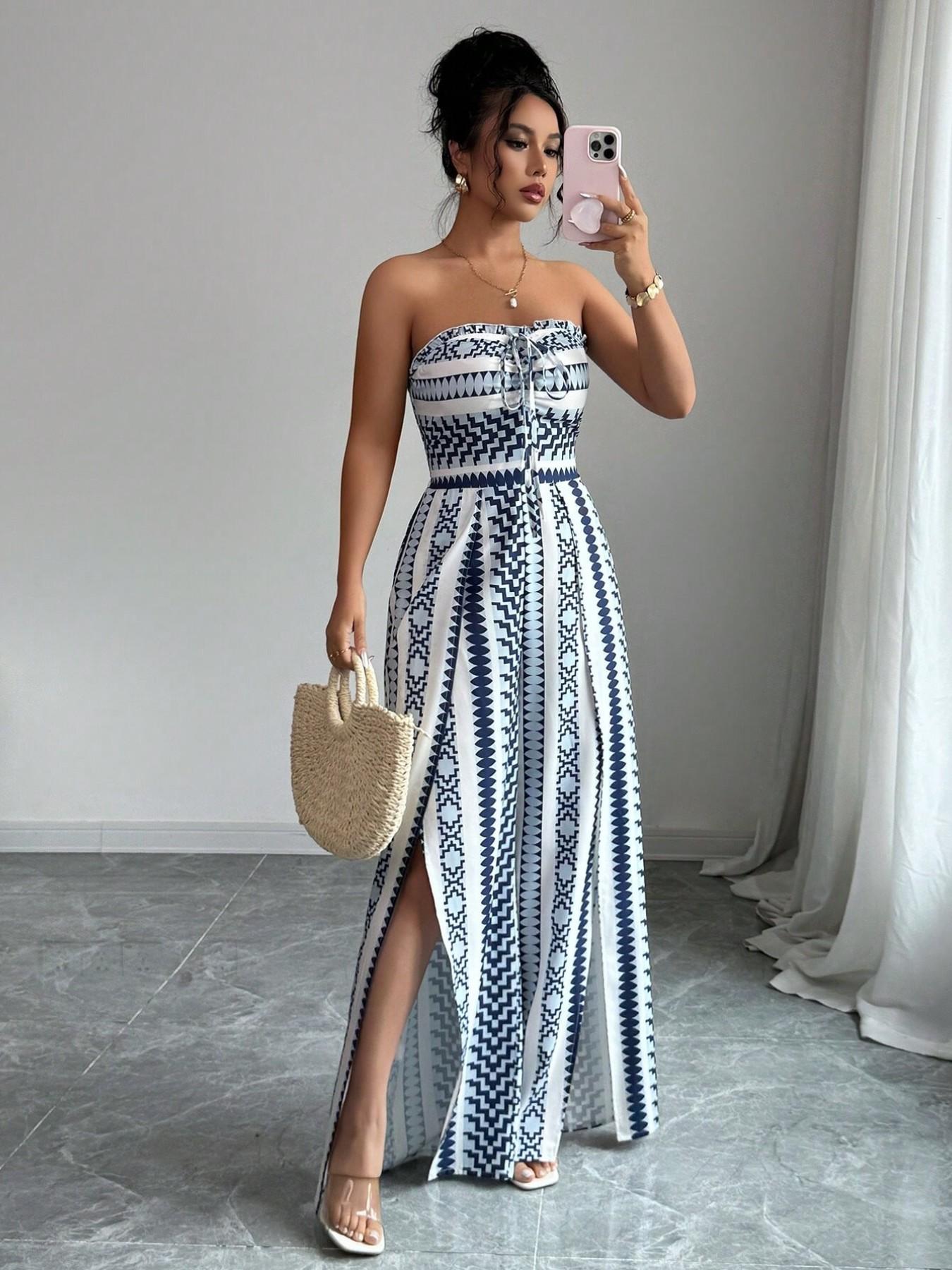👗💙 אוברול גיאומטרי עם מחשוף הלטר וחתך בצד – 50% הנחה! מושלם לחוף, למשרד ולערב. 🔥✨