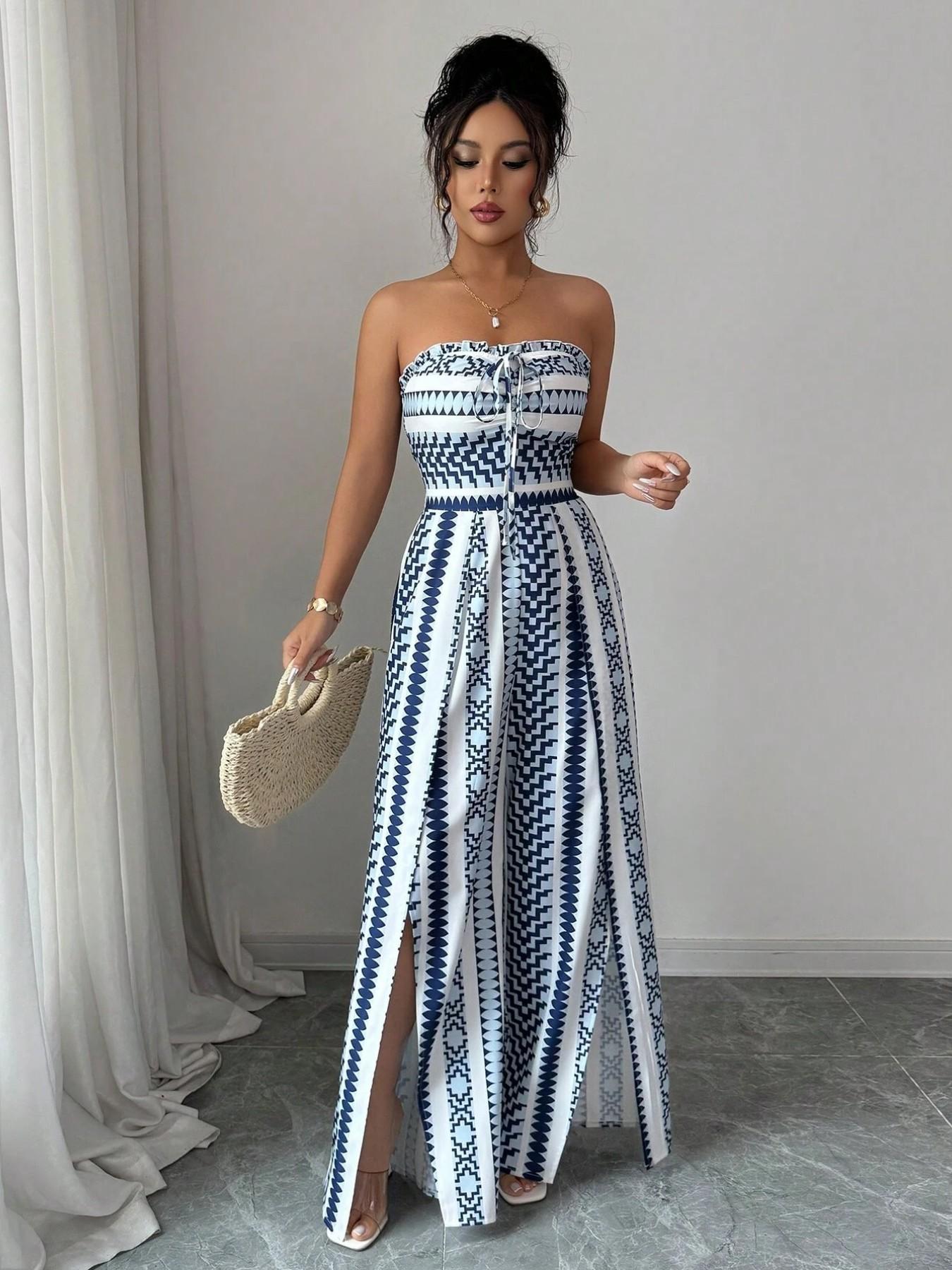 👗💙 אוברול גיאומטרי עם מחשוף הלטר וחתך בצד – 50% הנחה! מושלם לחוף, למשרד ולערב. 🔥✨