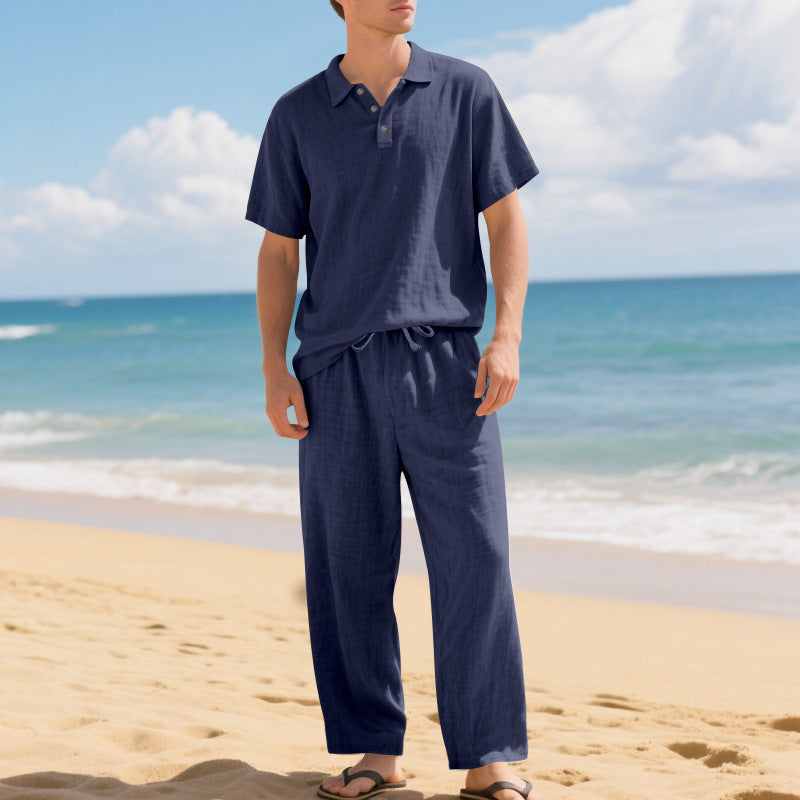 🚶 סט חולצת ומכנסיים פשתן קזואלי לגברים 🏖️ | חיתוך רופף | נושם וקל לבישה | 7 צבעים | S-3XL 🌊