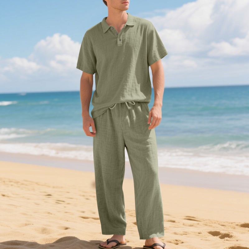 🚶 סט חולצת ומכנסיים פשתן קזואלי לגברים 🏖️ | חיתוך רופף | נושם וקל לבישה | 7 צבעים | S-3XL 🌊
