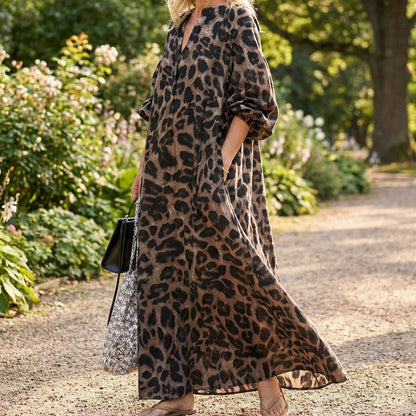 🐆 שמלת מאקסי אוורסייז הדפס נמר ✨ | שרוולי פוף אלגנטיים | בד קל ונושם | M-4XL 🔶