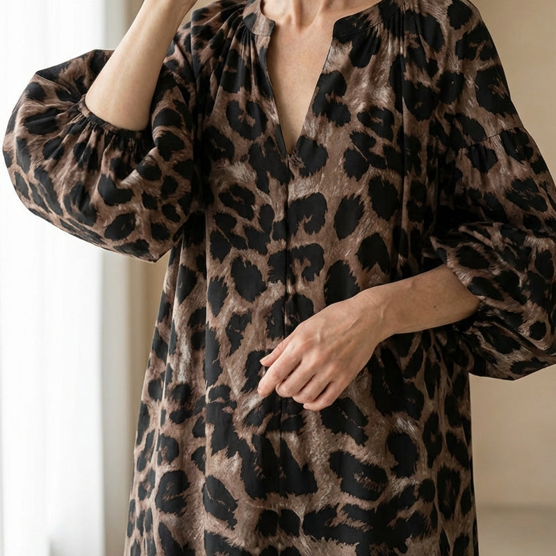 🐆 שמלת מאקסי אוורסייז הדפס נמר ✨ | שרוולי פוף אלגנטיים | בד קל ונושם | M-4XL 🔶