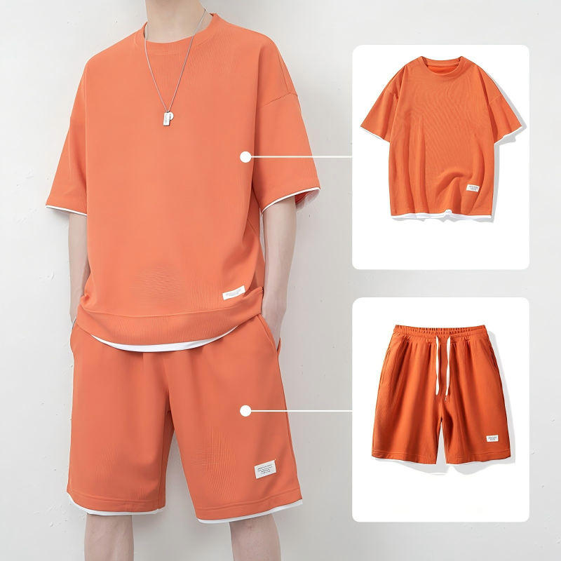 👕 סט חולצת ומכנסיים קצרים לגברים סריג ואפל ✨ | נושם וקריר | חיתוך רופף | 8 צבעים | M-4XL 🔥