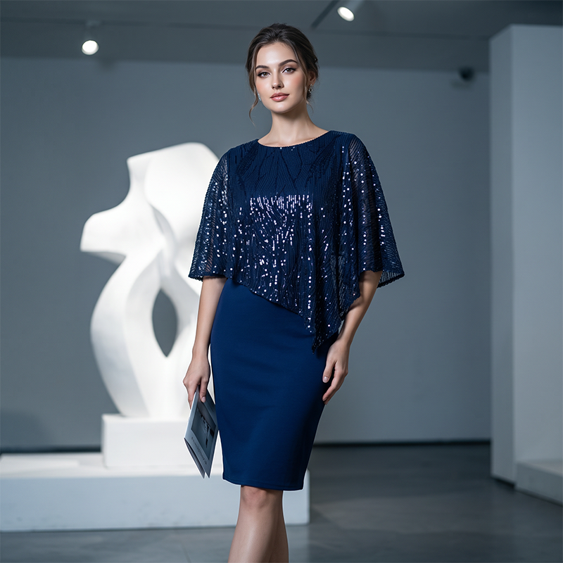 Women's Elegant Sequin Asymmetrical Cape Slim Fit Midi Dress