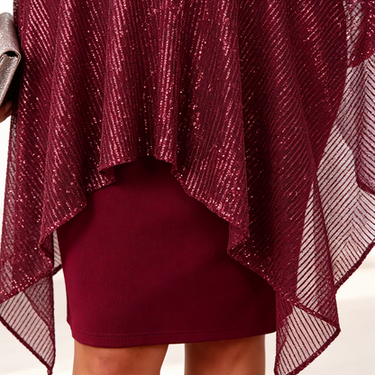 Women's Elegant Sequin Asymmetrical Cape Slim Fit Midi Dress