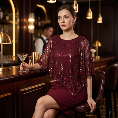Women's Elegant Sequin Asymmetrical Cape Slim Fit Midi Dress