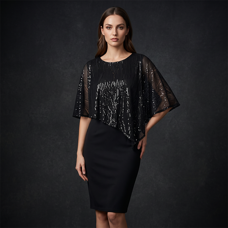 Women's Elegant Sequin Asymmetrical Cape Slim Fit Midi Dress