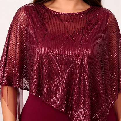 Women's Elegant Sequin Asymmetrical Cape Slim Fit Midi Dress