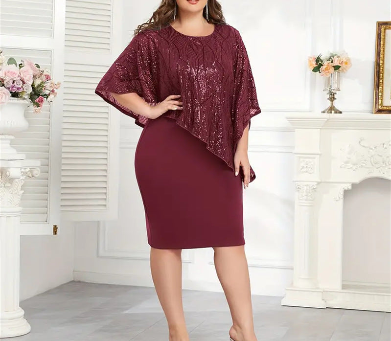 Women's Elegant Sequin Asymmetrical Cape Slim Fit Midi Dress