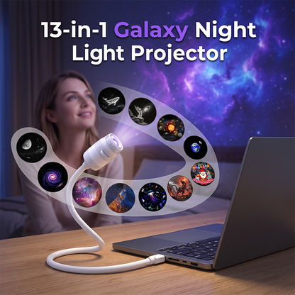 🌌 מקרן גלקסיה עם דיסקית כוכבים ✨ | 13 סרטים החלפים | צוואר גמיש | USB/Type-C | מתנה מושלם 🌟