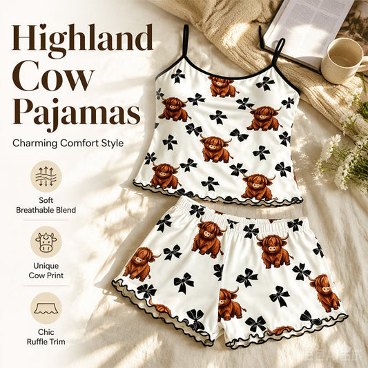 🐄✨ סט פיג'מה קיץ לנשים | טופ קמיזול עם שוליים ושורטים | עיצוב פרה חמודה 🐮‍💨