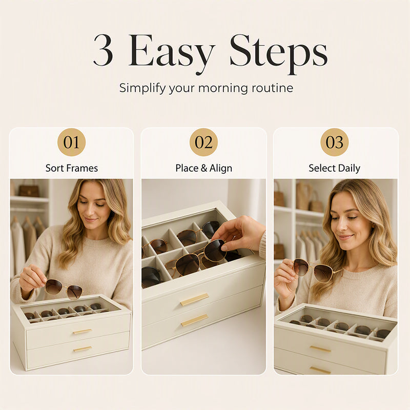 🎁2026 New Arrivals 50% OFF💥🕶️ Sunglasses Organizer Box: PU Leather, Velvet Lining, Glass Window, Multi-Slot