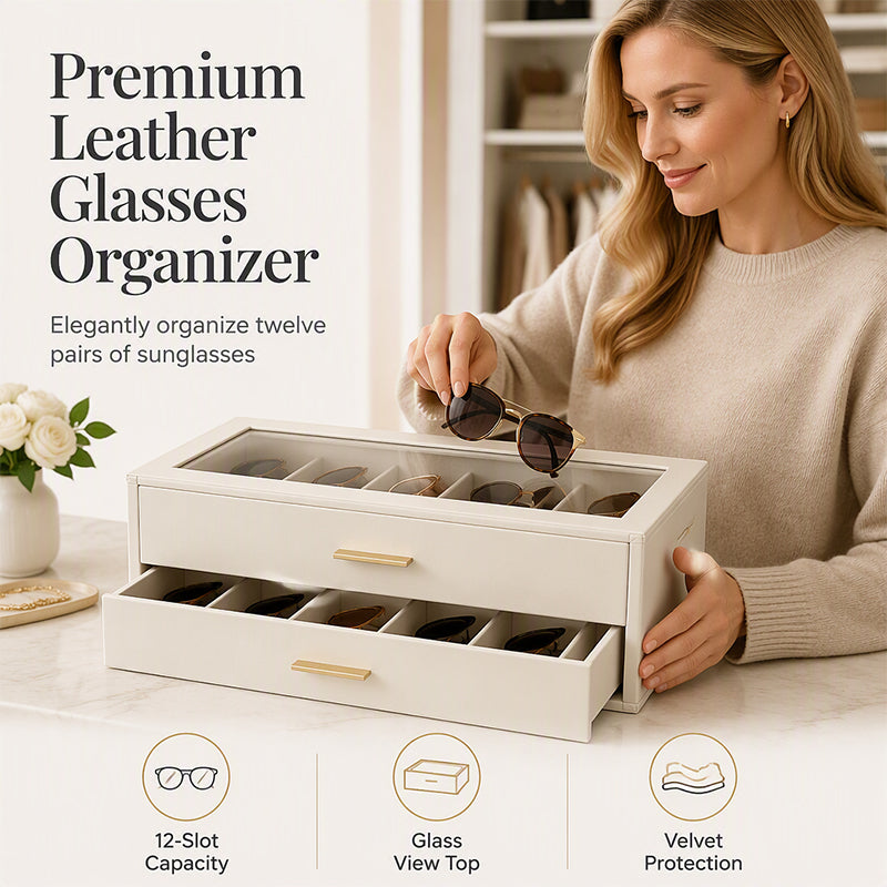 🎁2026 New Arrivals 50% OFF💥🕶️ Sunglasses Organizer Box: PU Leather, Velvet Lining, Glass Window, Multi-Slot