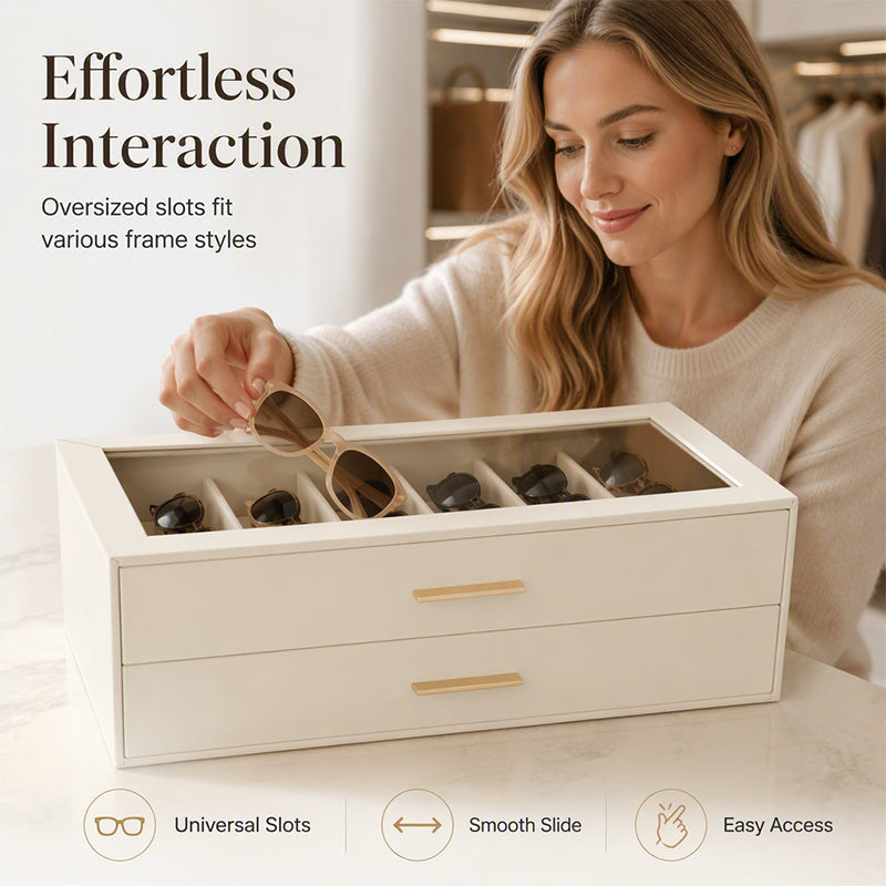 🎁2026 New Arrivals 50% OFF💥🕶️ Sunglasses Organizer Box: PU Leather, Velvet Lining, Glass Window, Multi-Slot