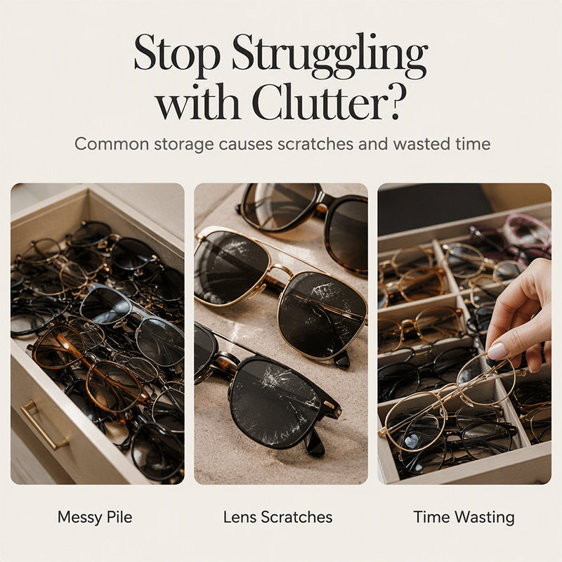 🎁2026 New Arrivals 50% OFF💥🕶️ Sunglasses Organizer Box: PU Leather, Velvet Lining, Glass Window, Multi-Slot