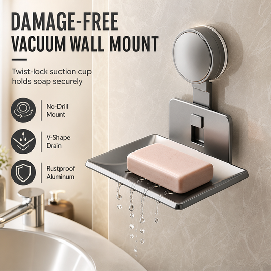 ⏰Vacuum Suction Soap Dish: V-Shaped Drainage, Rustproof Aluminum, No Drilling, Twist-Lock🧼