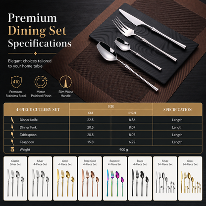🍴 Stainless Steel Flatware Set: 304 Steel, 5 Finishes, 4/24 Pieces, Slim Profile
