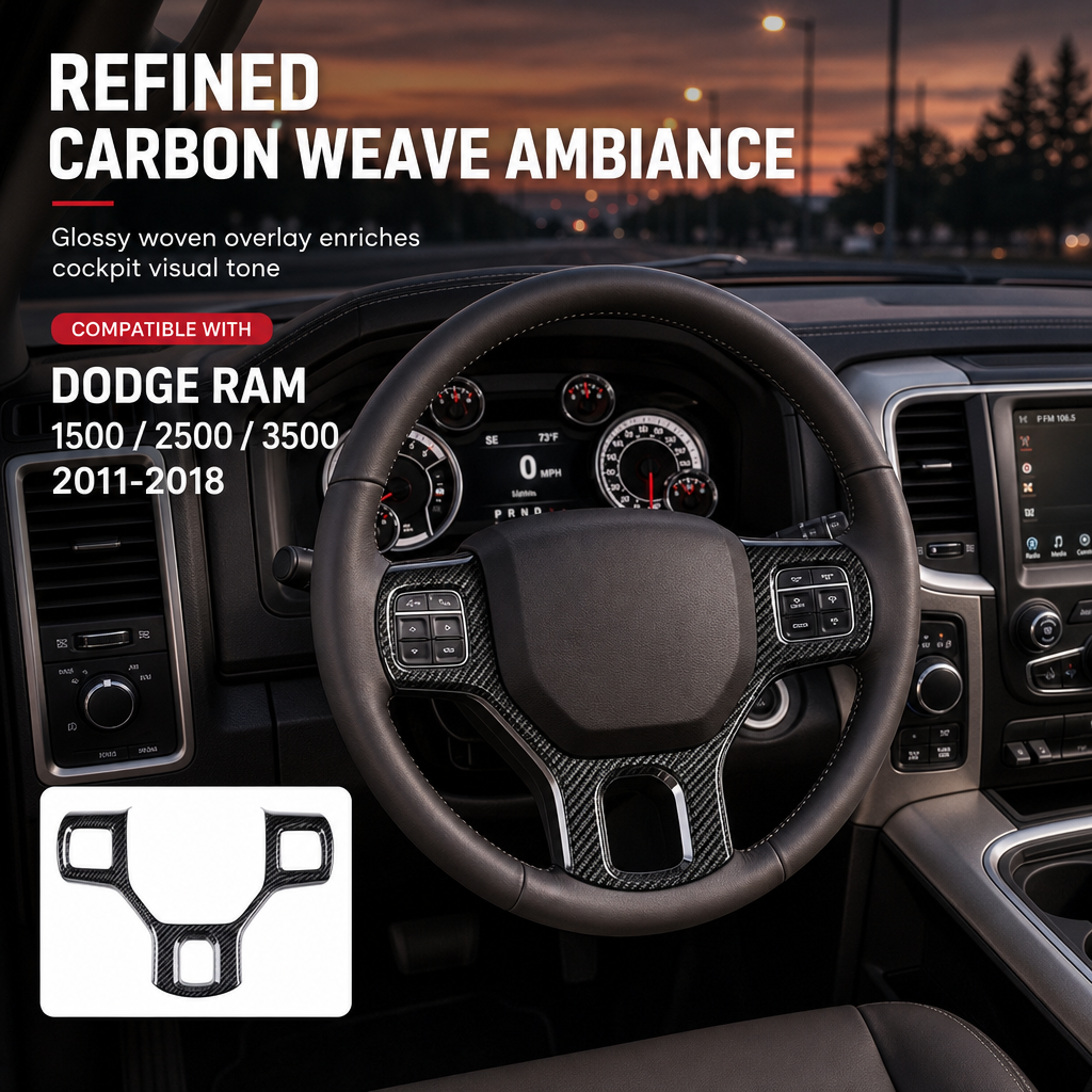 ✨ Steering Wheel Trim Cover For RAM Trucks – Carbon Look, Scratch-proof, Snap-on 🛠️
