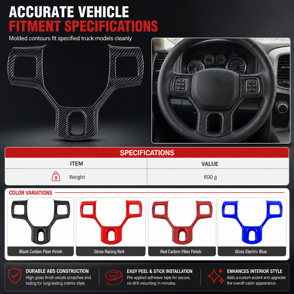 ✨ Steering Wheel Trim Cover For RAM Trucks – Carbon Look, Scratch-proof, Snap-on 🛠️