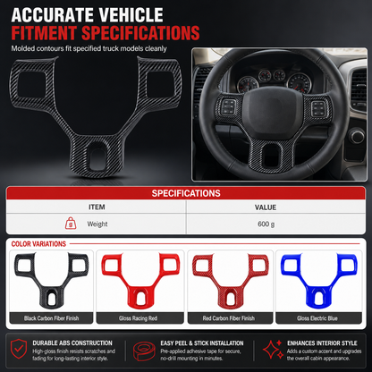 ✨ Steering Wheel Trim Cover For RAM Trucks – Carbon Look, Scratch-proof, Snap-on 🛠️