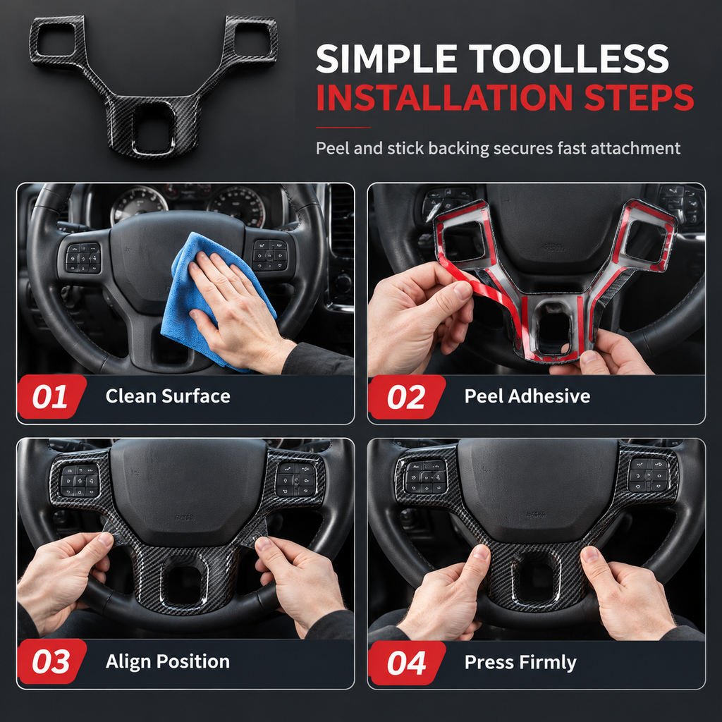 ✨ Steering Wheel Trim Cover For RAM Trucks – Carbon Look, Scratch-proof, Snap-on 🛠️