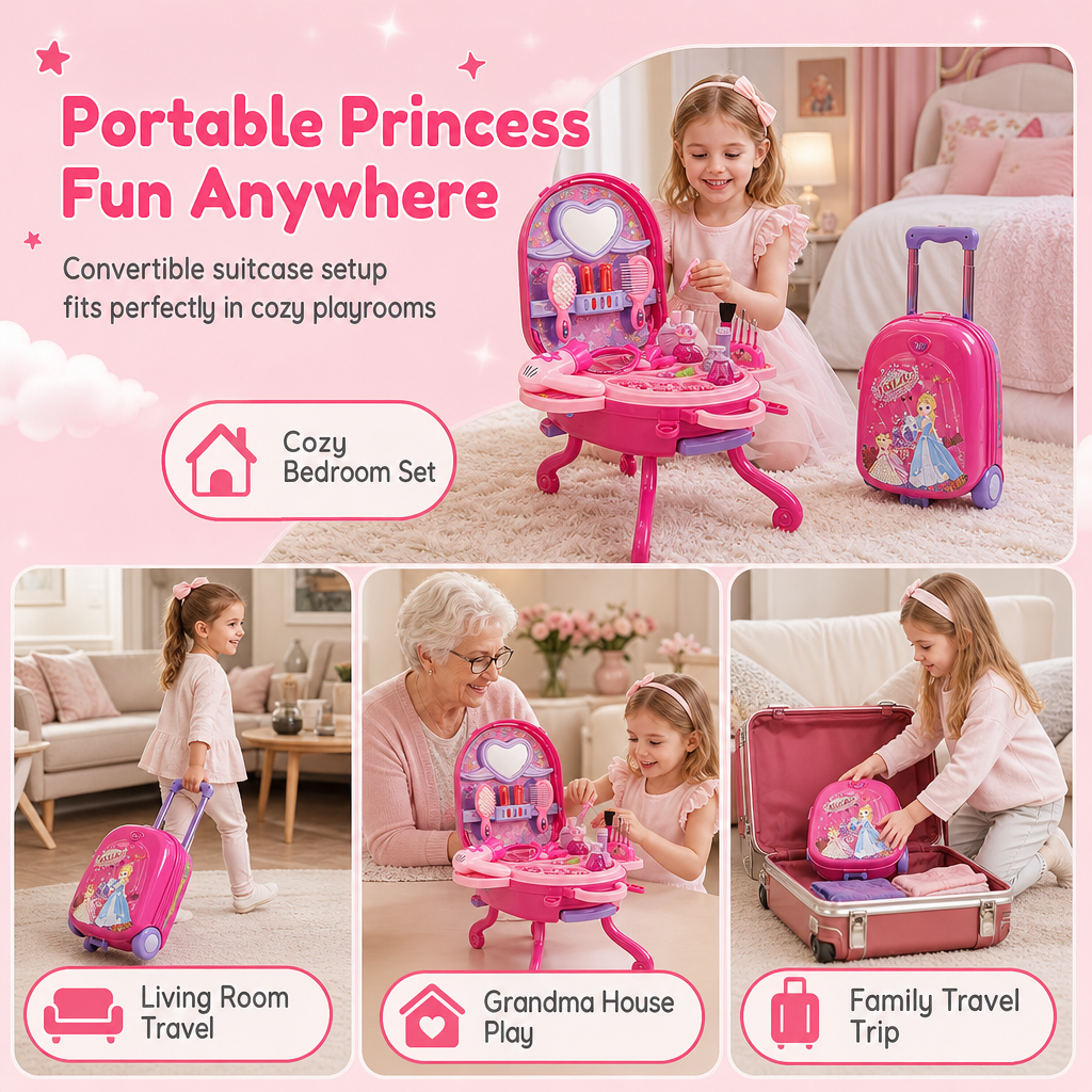 👑 50% Off Now ✨ 3-in-1 Princess Vanity Suitcase — 30 Makeup Toys & Rolling Trolley 🧳