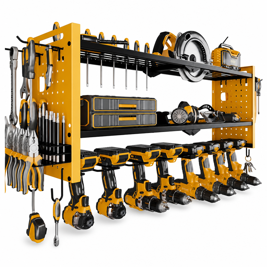 🔩 Wall-Mounted Power Tool Organizer – Heavy-Gauge Steel, Drill Charging Station & Dual Pegboards – Garage Storage 💪